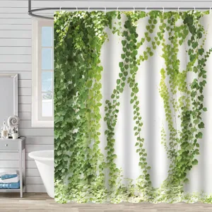 Rideau de douche étanche en tissu avec motif de lierre vert pour décoration de salle de bain.