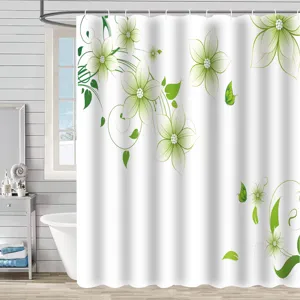 Rideau de douche en tissu imperméable avec motif floral botanique vert frais pour salle de bain