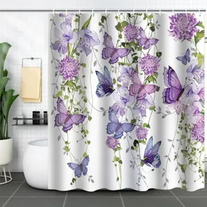 Rideau de douche imperméable en polyester avec papillons violets et vignes florales pour salle de bain.
