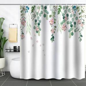 Rideau de douche étanche en polyester avec feuilles botaniques aquarelle pour salle de bains.