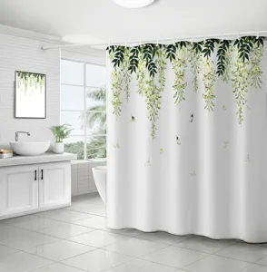 Rideau de douche étanche en polyester imprimé avec motif végétal vert pour votre salle de bain