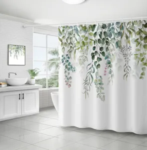 Rideau de douche imperméable en polyester avec motif de feuilles d'eucalyptus aquarelle pour salle de bains