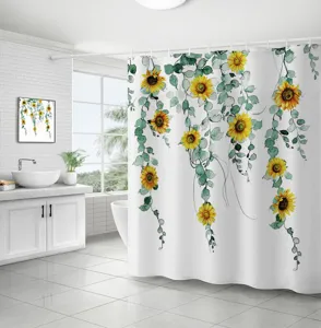 Rideau de douche imperméable en polyester avec motif tournesol et eucalyptus aquarelle.