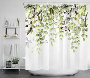 Rideau de douche à motif de feuilles botaniques et baies violettes, vue de détail, imperméable.