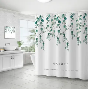 Rideau de douche de salle de bain en polyester impermeable avec feuilles d'eucalyptus.