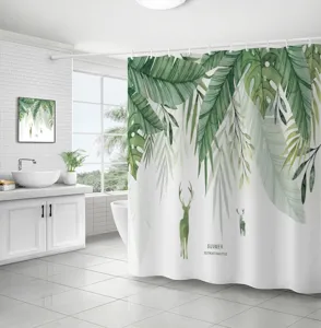 Rideau de douche imperméable en polyester avec feuilles tropicales vertes et motif de cerf.