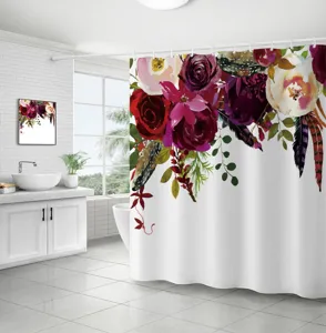 Rideau de douche étanche à motif floral, design aquarelle élégant pour la salle de bain.