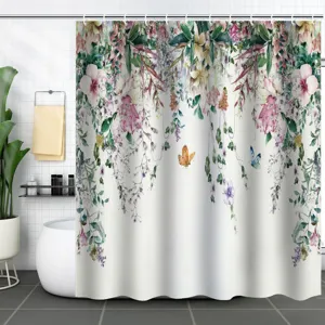 Rideau de douche imperméable avec imprimé floral botanique et papillon pour la salle de bains.