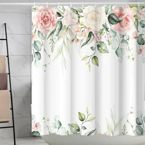 Rideau de douche imperméable en polyester avec design de fleurs aquarelle roses et eucalyptus.