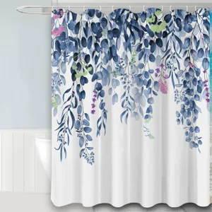 Rideau de douche imperméable en polyester avec design de feuilles botaniques bleues.
