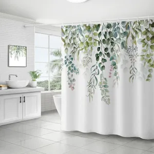 Rideau de douche de salle de bain en polyester imperméable avec eucalyptus aquarelle.