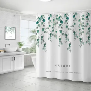 Rideau de douche imperméable en polyester avec design de feuilles d'eucalyptus vertes