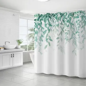 Rideau de douche imperméable en polyester avec feuilles de plantes vertes pour la salle de bain.
