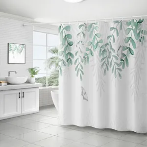 Rideau de douche imperméable en polyester avec motif de feuilles d'eucalyptus et papillons.