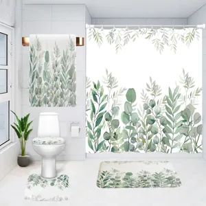 Rideau de douche imperméable en polyester ensemble de tapis de bain 4 pièces à motif de plantes