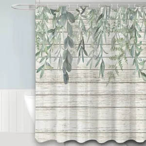 Rideau de douche imperméable en polyester avec feuilles d'eucalyptus et design en bois rustique.
