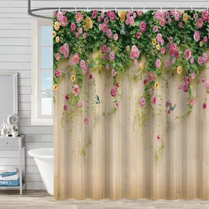 Rideau de douche imperméable en polyester imprimé numérique avec motif de roses pour salle de bain.