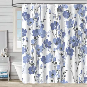 Rideau de douche imperméable en polyester avec imprimé floral botanique bleu pour salle de bain