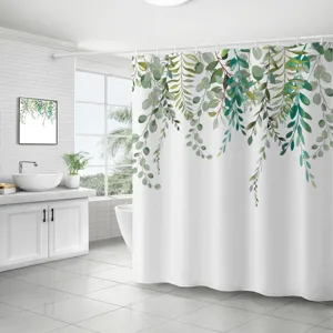 Rideau de douche étanche à impression numérique avec feuilles d'eucalyptus pour salle de bain.