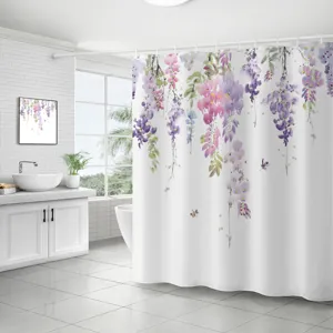 Rideau de douche en polyester imperméable avec motif de fleurs de glycine pour salle de bain