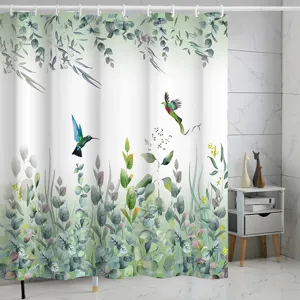 Rideau de douche botanique imperméable avec feuilles vertes et design d'oiseau pour salle de bain.