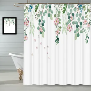 Rideau de douche étanche en polyester avec motif de fleurs d'eucalyptus et plantes aquarelle.