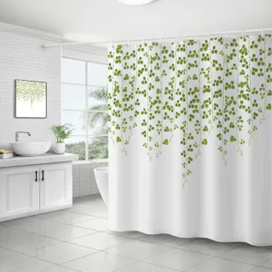 Rideau de douche botanique imperméable avec motif de feuilles vertes pour déco de salle de bains.