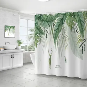 Rideau de douche imperméable en tissu avec feuilles tropicales vertes et cerf pour la salle de bain.