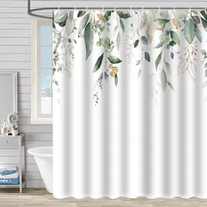 Rideau de douche étanche en polyester avec de élégantes feuilles botaniques aquarelle vertes.