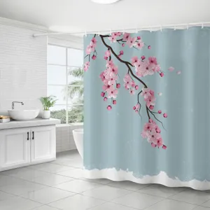 Rideau de douche imperméable en polyester avec fleurs de cerisier roses sur fond bleu clair.