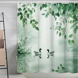 Rideau de douche étanche en polyester avec motif de plantes vertes et de canards pour salle