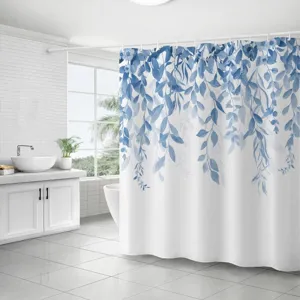 Rideau de douche imperméable en polyester avec motif de feuilles botaniques aquarelle bleue.