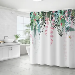 Rideau de douche en tissu imperméable avec motif de feuilles et fleurs aquarelle pour salle de bain.
