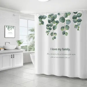 Rideau de douche en polyester imperméable avec feuilles d'eucalyptus et texte élégant.
