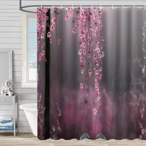 Rideau de douche étanche en tissu avec magnifique impression numérique de cerisier rose.