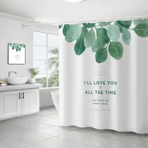 Rideau de douche imperméable en polyester avec feuilles d'eucalyptus et texte moderne.