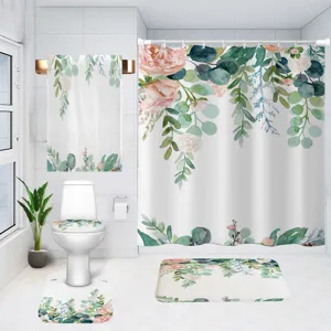 Rideau de douche floral aquarelle étanche ensemble de salle de bain, tissu polyester image principale