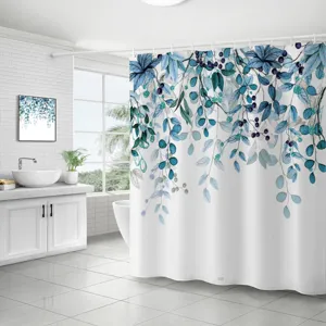 Rideau de douche imperméable en polyester avec motif de fleurs et de feuilles bleues.