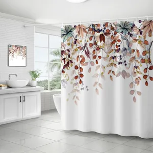 Rideau de douche imperméable en polyester avec feuilles botaniques et baies aquarelle