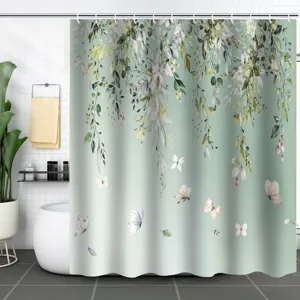 Rideau de douche en polyester imperméable motif botanique papillon décor de salle de bain.