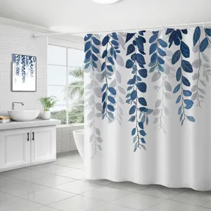 Rideau de douche de salle de bain en polyester imperméable motif de feuilles bleues