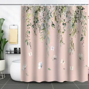 Rideau de douche imperméable en polyester avec design de fleurs botaniques et papillons.