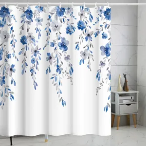Rideau de douche en tissu imperméable avec motif de fleurs aquarelle bleues pour salle de bains