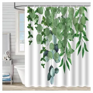 Rideau de douche imperméable en polyester imprimé numérique avec de fraîches feuilles de plantes.