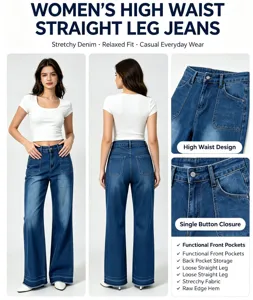 Women's High Waist Straight Leg Jeans Stretchy Denim Casual Everyday Wear Pants