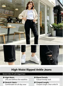 Detail view of black high waist ripped ankle jeans showing stretchy fabric and distressed knees.