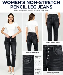 Detail view of high waist black wash pencil jeans, button fly and non-stretch fabric.