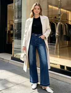 High-waisted wide-leg denim trousers styled with an elegant beige coat and black top.