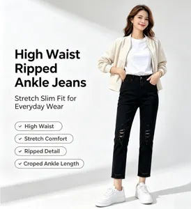 Detail view of women high waist black ripped ankle jeans featuring stretch slim fit design.