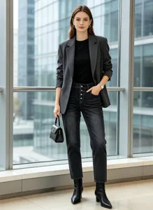 Women casual distressed multi button slim fit denim jeans detail view showcasing quality fabric.